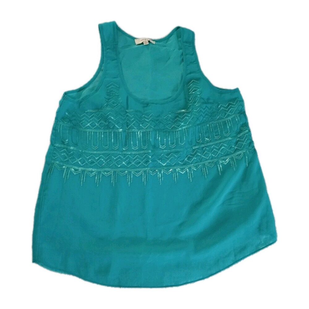 Umgee Boho Teal Green Sequin Sleeveless Tank Top Blouse Size Small Geometric